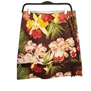 Miko Brown Floral Orchid Tropical Print Knee Length Skirt Size 8 Retro Spring